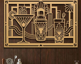 Arte de cóctel Art Deco • Letrero de metal para carrito de bar • Decoración de bar clandestino • Decoración de salón horizontal ancha sobre gabinete • Martini del Gran Gatsby • Década de 1920