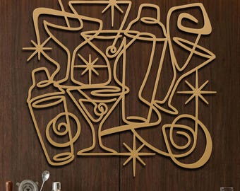 Mid Century Modern Metal Wall Art • Atomic Era Bar Cart Decor • Gold Home Bar Sign • Cocktail Art • 1950s 60s Retro Kitchen