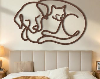Metalen muurkunst kat en hond • Minimalistische lijntekeningen • Huisdier herdenkingscadeau • Golden retriever kinderkamerdecoratie • Bord dierenartskantoor • Dierenliefhebber cadeau