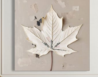 Cuadro abstracto de hoja de arce blanca, decoración de pared en tonos beige neutro y grisáceo, impresión artística otoñal de estilo rústico moderno, obra de arte minimalista en colores apagados.