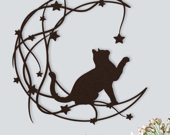 Metal Cat Wall Art, Metal Black Cat and Moon Yard Art, Celestial Wall Decor, Metal Crescent Moon and Stars Metal Art, Whimsical Cat Decor