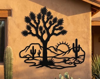 Joshua Tree Desert Scene Metal Wall Art • Southwestern Outdoor Metal Yard Art • Above Fireplace Decor • Saguaro Cactus Desert Sign