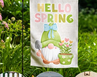 Hello Spring Garden Flag, Gnome Door Hanger, Cute Flower Seasonal Garden Decor, Outdoor Patio Porch Welcome Sign Front Door Decor Yard Art