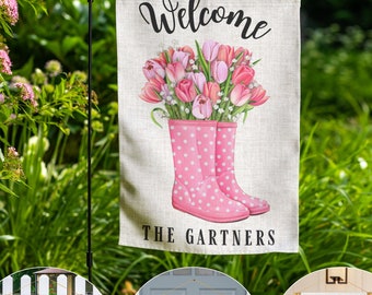 Spring Garden Flag, Pink Rain Boot with Tulips Door Hanger, Seasonal Garden Decor Outdoor Patio Porch Welcome Sign Front Door Decor Yard Art