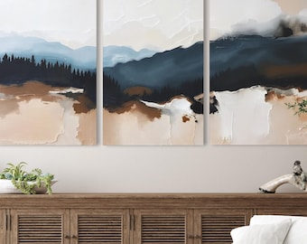 Moody Abstract Mountain Triptych Wall Art Print Poster or Framed Canvas Set of 3 Panels, Neutral Earth Tone Nature Modern Landscape Painting