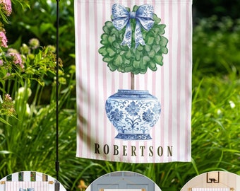 Chinoiserie Garden Flag, Custom Topiary Door Hanger, Preppy Bow Seasonal Garden Decor, Outdoor Patio Porch Welcome Sign Front Door Yard Art