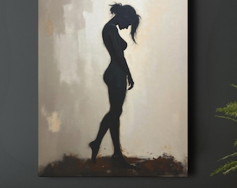 Pintura abstracta de retrato de figura femenina, elegante silueta femenina, impresión artística para pared, decoración abstracta moderna contemporánea en negro y marrón.