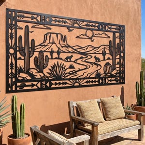 Southwestern Desert Metal Wall Art • Aztec Coyote Saguaro Cactus Scene • Extra Large Outdoor Statement Piece • Oversized Above Bed Decor