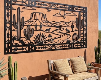 Southwestern Desert Metal Wall Art • Aztec Coyote Saguaro Cactus Scene • Extra Large Outdoor Statement Piece • Oversized Above Bed Decor