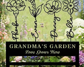 Letrero de jardín personalizado para abuelas con nombres de nietos, estaca de metal con flores de nacimiento, regalo personalizado para mamá, Nana, Mimi y Gigi, decoración para exteriores.