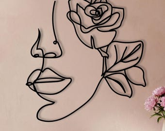 Abstract Woman Face with Rose Metal Line Art - Modern Aesthetic Minimalist Black Floral Wall Decor