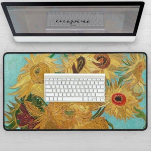 Sunflower Desk Mat, Van Gogh Desk Decor, Wildflower Mousepad, Botanical Desk Pad - Orange, Yellow & Teal Blue Large Flower Mouse Pad Deskmat