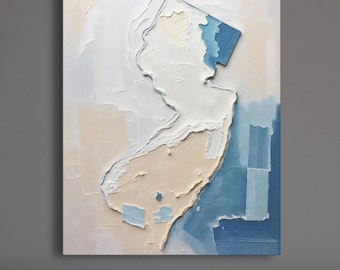 Impresión artística de pared con silueta abstracta del estado de Nueva Jersey, pintura minimalista moderna de paisaje playero, obra de arte en tonos neutros, azul y beige.