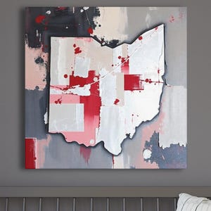 Abstract Ohio State Silhouette Wall Art Print, Modern Minimalist Painting In Neutral Muted Color Artwork, Scarlet Red And Gray Decor
