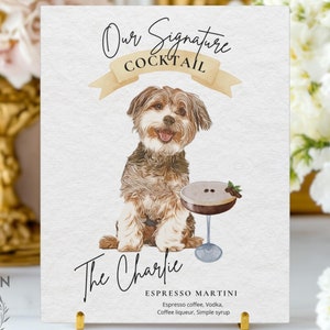 Letrero de bebida con firma para mascotas, letrero de cóctel para perros, menú de bar de bodas, letrero de cóctel especial para gatos personalizado en póster, lienzo o tela para 1, 2 o 3 mascotas