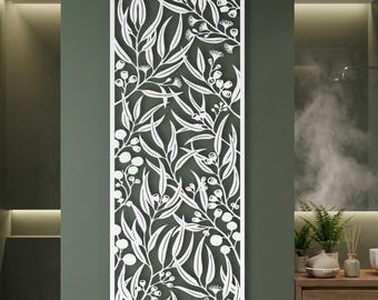 Tall Narrow Eucalyptus Metal Wall Art, Modern Farmhouse Bathroom Decor, Vertical Botanical Panel, Spa Home Gift, Gum Leaf Scroll, Trellis