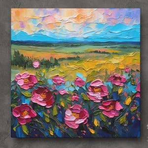 North Dakota Prairie Rose Landscape Painting, Canvas Wall Art Print, North Dakota State Flower Artwork Home Decor Gift