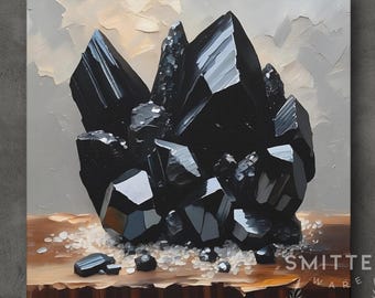 Black Quartz Crystal Painting On Canvas Or Art Print, Modern Mineral Cluster Wall Decor, Obsidian Wall Artwork, Unique Gemstone Art Work