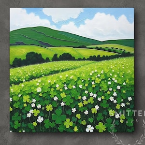 Irish Shamrock Field Landscape Painting, Celtic St. Patrick's Day Decor Artwork, Lush Green Ireland Art Print, Irish Gift Bild 1