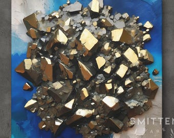 Pyrite Crystal Artwork On Canvas Or Art Print, Modern Mineral Cluster Wall Decor, Gold And Blue Abstract Painting, Unique Gemstone Art Work