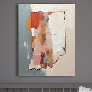 Abstract Indiana State Silhouette Wall Art Print, Modern Minimalist Textured Painting In Neutral Muted Color Artwork, Dusty Pink Gray Decor