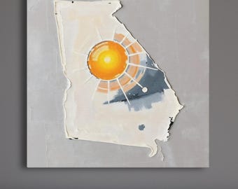 Abstract Georgia State Silhouette Wall Art Print, Modern Minimalist Painting In Neutral Muted Color Artwork, Gray White & Orange Sun Decor