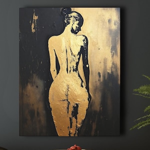 Pintura abstracta de figura femenina, retrato de espaldas, impresión artística de pared con silueta femenina, decoración moderna contemporánea en dorado y negro para el hogar. imagen 1