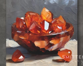 Carnelian Agate Crystal Artwork On Canvas Or Wall Art Print, Modern Orange Mineral Cluster Abstract Painting, Unique Gemstone Art Work Decor