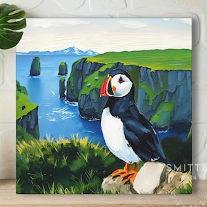 Puffin Art Print, Vivid Iceland Painting, Colorful Coastal Landscape Bird Wall Decor, Whimsical Green & Blue Ocean Cliff Shoreline Artwork