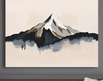Impresión artística abstracta de montaña, pintura minimalista de paisaje, decoración de pared con tonos neutros azul, gris y beige, paisaje montañoso.