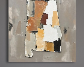 Impresión artística de pared con silueta abstracta del estado de Alabama, pintura empastada minimalista moderna en colores neutros y apagados, decoración naranja y gris.