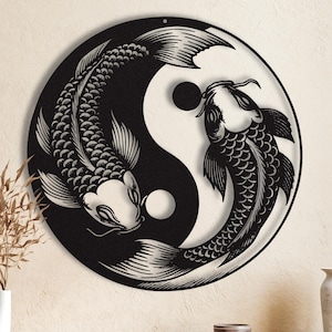 Art de poissons koi en métal, art mural koi en métal, art Yin Yang, décoration murale japonaise, art Feng Shui, art mural en métal zen, art mural Japandi, art asiatique