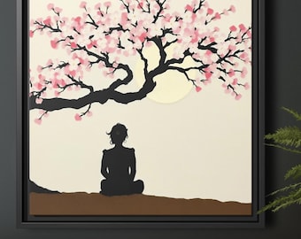 Impresión artística abstracta de flor de cerezo en lienzo enmarcado o papel póster, pintura de mujer meditando con árbol de cerezo rosa, arte mural de meditación zen
