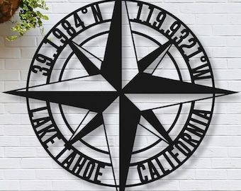 Metal Latitude Longitude Wall Hanging Sign, Custom Latitude and Longitude Home Sign, City State Eight Pointed Star Compass Rose Coordinates