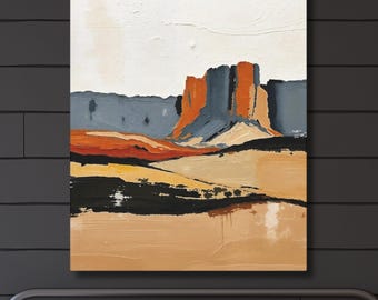 Pintura abstracta de Monument Valley, impresión de arte mural moderno de Utah, obra de arte minimalista de paisaje desértico, decoración en tonos amarillo, naranja y azul apagados.