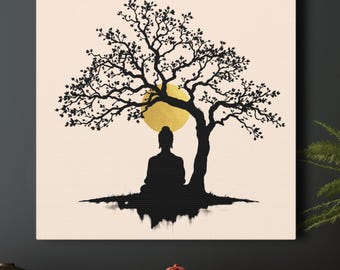 Meditating Buddha Under The Bodhi Tree Silhouette Wall Art Print On Canvas Or Poster, Minimalist Beige Black & Gold Sun Meditation Room Art