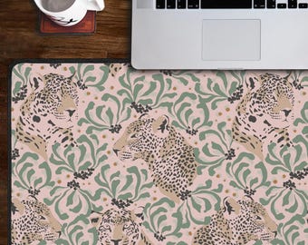 Leopard Desk Mat, Blush Pink And Green Deskmat, Botanical Palm Leaf Cheetah Desk Pad, Tropical Jungle Mouse Pad, Safari Animal Print Deskpad