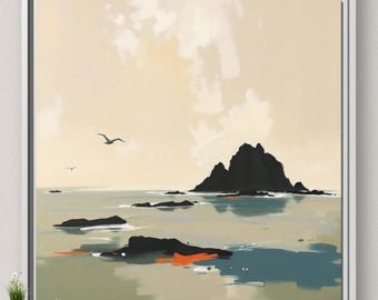 Pintura abstracta de isla sobre lienzo enmarcado o póster, impresión artística de pared, paisaje marino oceánico, decoración costera moderna minimalista en colores neutros y apagados.