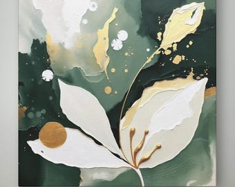 Impresión artística botánica abstracta para pared sobre lienzo enmarcado o póster, pintura moderna con empasto de flores en tonos verde salvia apagado, dorado, beige y blanco.