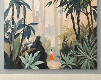Pintura abstracta de mujer de la jungla sobre lienzo enmarcado o póster, impresión artística de pared, obra de arte de bosque tropical moderno en tonos tierra apagados verde y beige