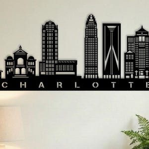 Arte murale in metallo con skyline di Charlotte • Decorazione Queen City • Insegna Bank of America e Duke Energy • Regalo NC North Carolina • Souvenir Uptown Art