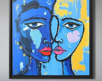 Abstract Blue Faces Expressionist Wall Art Print, Square Framed Canvas or Poster, 3D Texture Painting Modern Contemporary Figurative Artwork