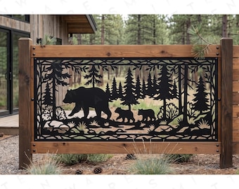 Bear Family Steel Balcony Panel Insert • Outdoor Deck Privacy Screen • Metal Fence Railing Art • Pergola Patio Yard Decor • Cabin Decor