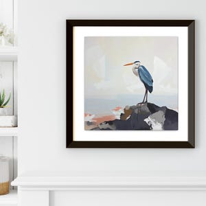 Pintura de garza azul grande sobre lienzo o póster, impresión artística de pared, obra de arte abstracto de paisaje costero neutro y apagado, decoración moderna de aves marinas oceánicas imagen 9