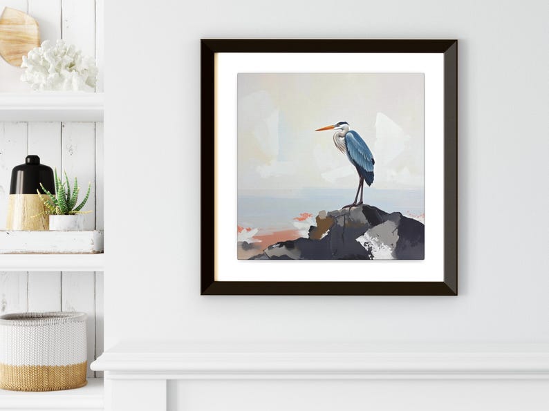 Pintura de garza azul grande sobre lienzo o póster, impresión artística de pared, obra de arte abstracto de paisaje costero neutro y apagado, decoración moderna de aves marinas oceánicas imagen 9