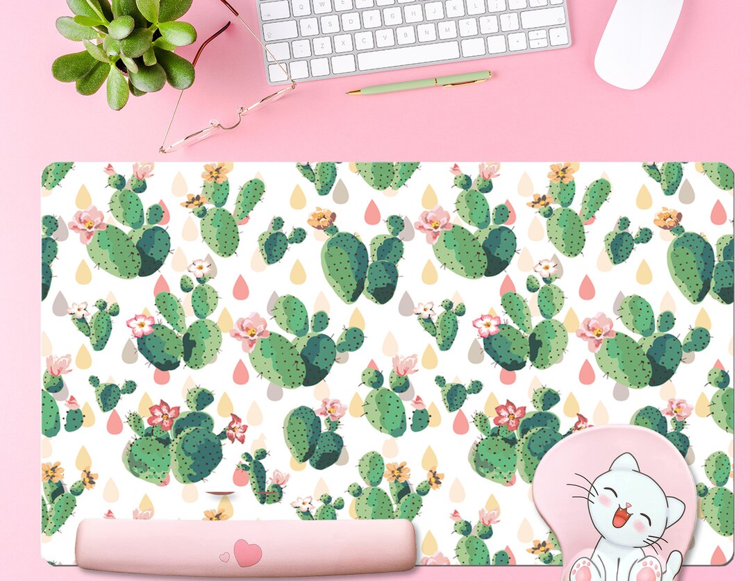 Cactus Desk Mat, Cute Succulent Plant Mouse Pad, Sage Green & Pink