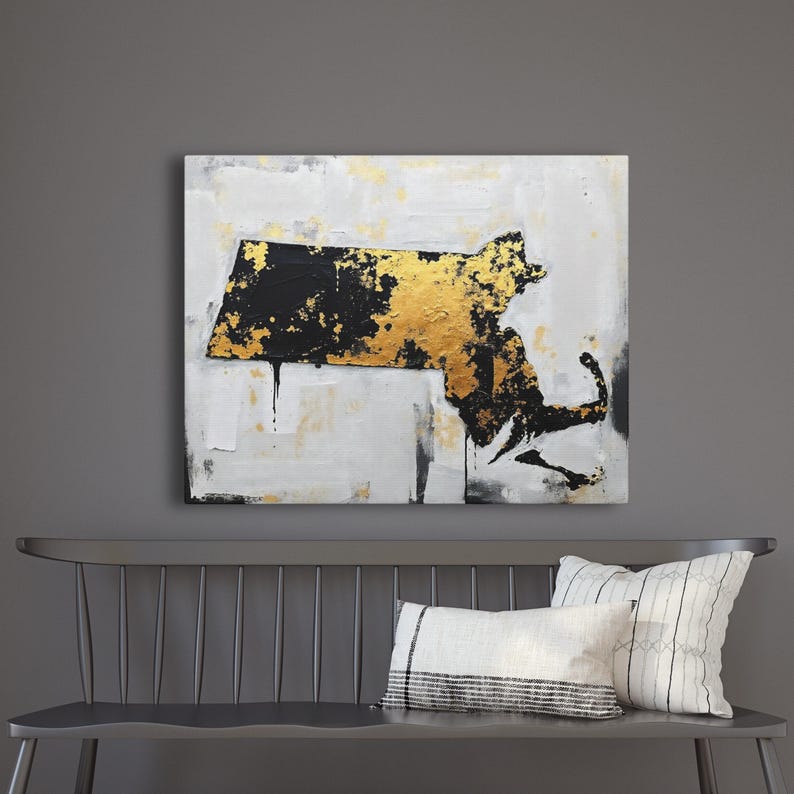 Abstract Massachusetts State Silhouette Wall Art Print, Modern Minimalist Painting In Gold Black And Gray Color Urban Grunge Artwork Decor image 6