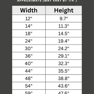 May include: A dimensions guide with width and height measurements in inches. The guide includes sizes from 30.5cm width and 24.6cm height to 149.9cm width and 120.9cm height. Text at the top reads "DIMENSIONS GUIDE".