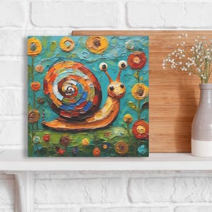 Impresión artística de caracol • Pintura de arte popular caprichosa • Decoración de pared ecléctica • Molusco en jardín de flores • Póster en lienzo enmarcado Regalo para amantes de los caracoles imagen 4