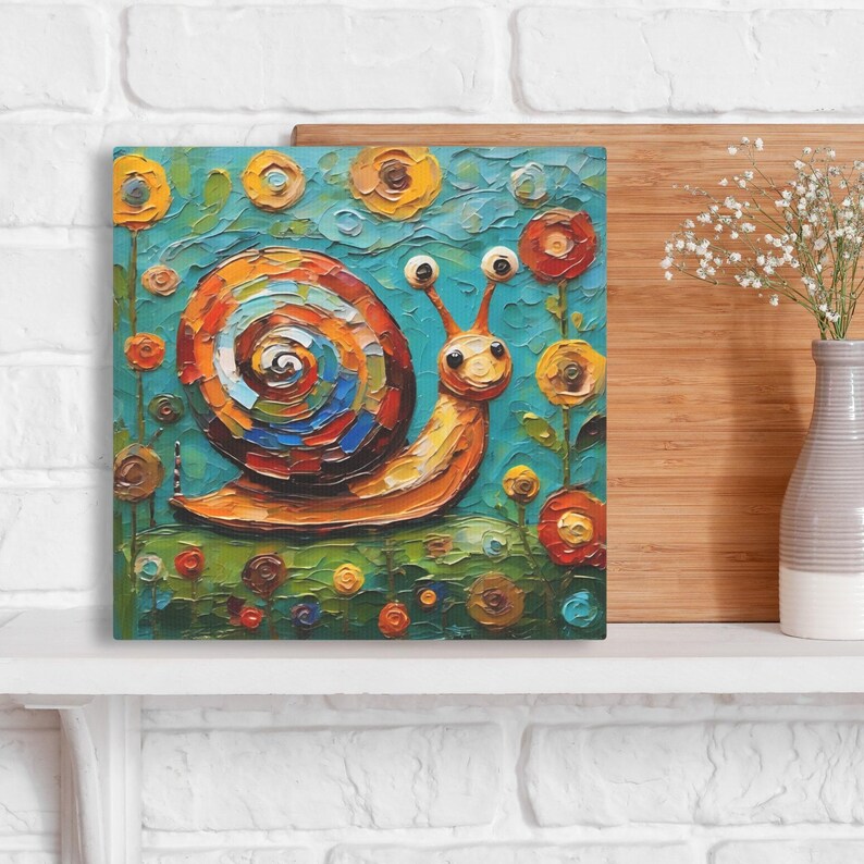 Impresión artística de caracol • Pintura de arte popular caprichosa • Decoración de pared ecléctica • Molusco en jardín de flores • Póster en lienzo enmarcado Regalo para amantes de los caracoles imagen 4